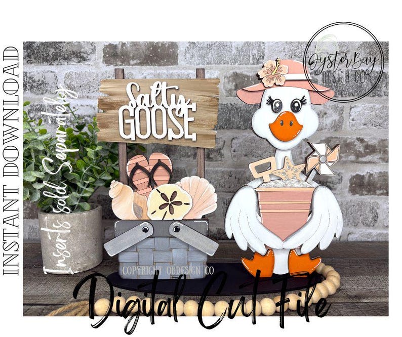 May include: A wooden beach-themed decoration featuring a goose wearing a hat and holding a bucket with a starfish and a pinwheel. A sign reads "Salty Goose" above a basket with seashells and flip-flops. The words "Digital Cut File" are at the bottom.