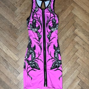 Roberto Cavalli Pink Feathers Print Full Zip Dress Viscose IT42 ~ S-M
