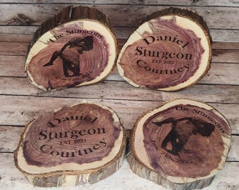 Personalized Rustic Cedar Wood Coasters, Engraved Tree Slice Wedding Gift
