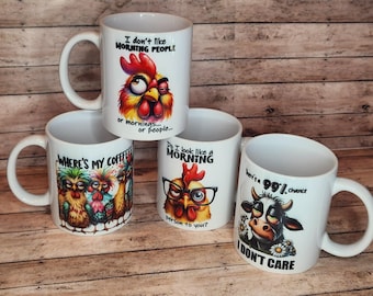 Funny Mugs, chickens, cows