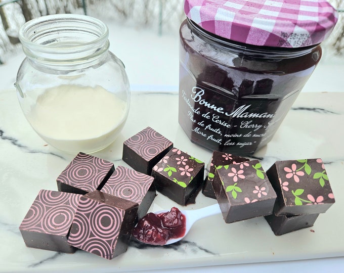 12 Dark Premium Chocolate truffles with high quality French fruit jam, chocolate and cream filling wonderful gift for Mother's Day.