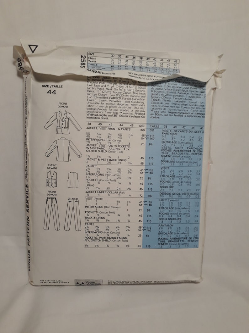 Vest and Pants Sewing Pattern 2585 Factory Folded Uncut Bill Blass 1980/'s Vintage Men/'s Jacket