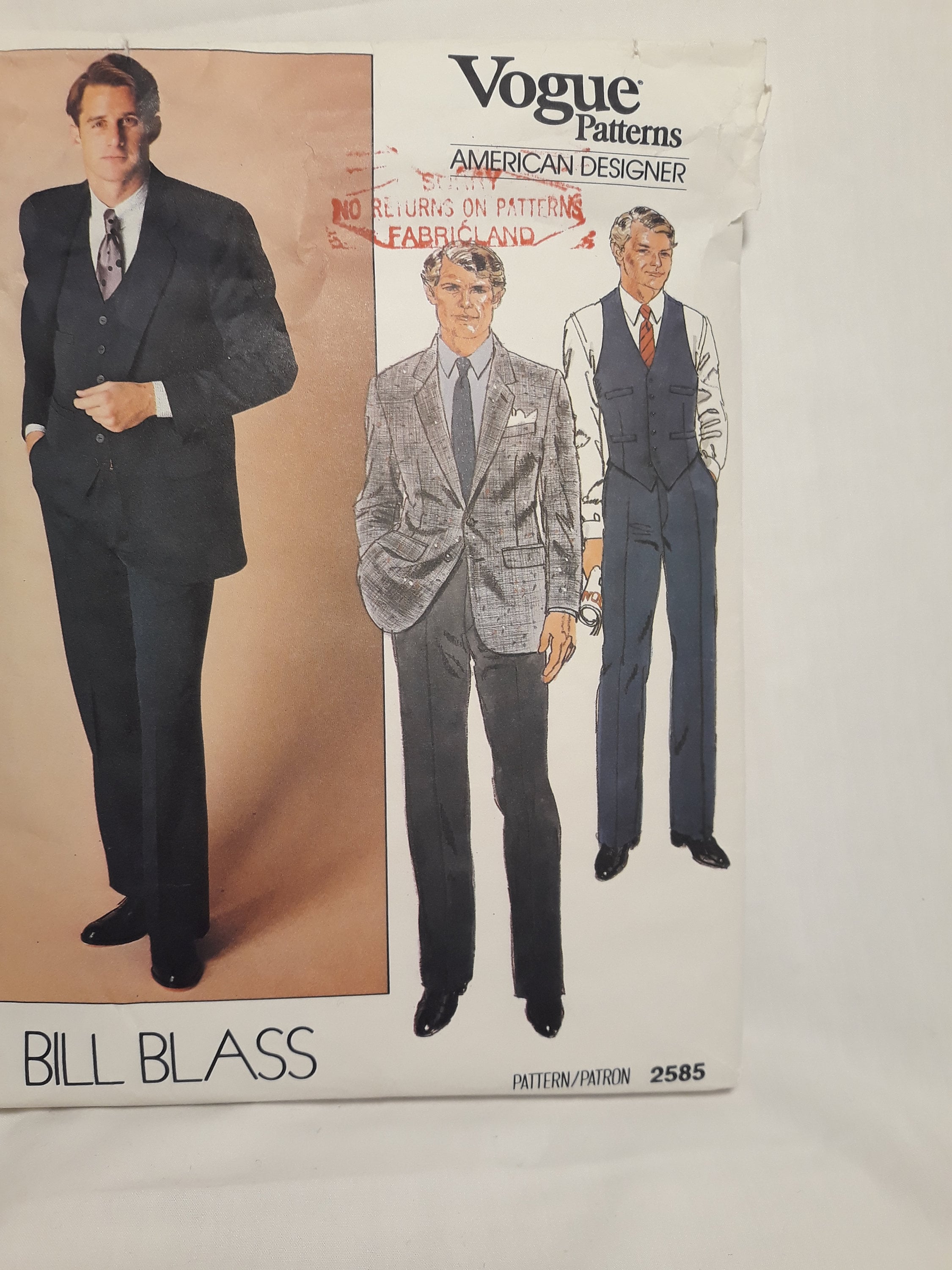 Vest and Pants Sewing Pattern 2585 Factory Folded Uncut Bill Blass 1980/'s Vintage Men/'s Jacket
