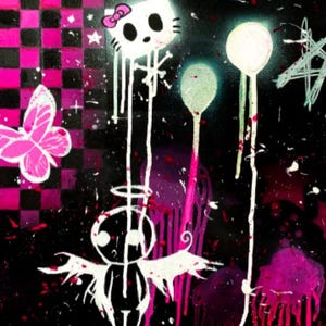 Könnte beinhalten: Eine Schwarzweißillustration einer Comicfigur mit Engelsflügeln und einem Heiligenschein. Die Figur ist von rosa und weißen Farbspritzern und einem rosa-schwarzen karierten Hintergrund umgeben. Im Hintergrund befinden sich auch weiße und rosa Ballons.