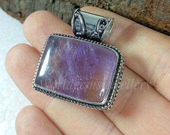 Sterling Silver Amethyst Pendant - Rectangle Gemstone