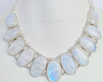 Blue Fire Regenbogen Mondstein Silber hochwertige Halskette 925 Sterling Silber Regenbogen Mondstein Halskette Verlobung Geschenk Silberkette