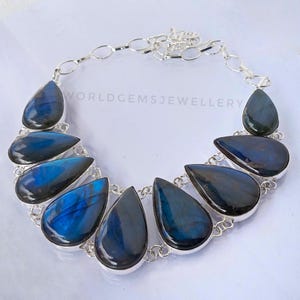 Natural Blue Fire Labradorite Silver Necklace 925 Sterling Silver Labradorite Necklace Engagement Gift Anniversary Gift Silver Necklace