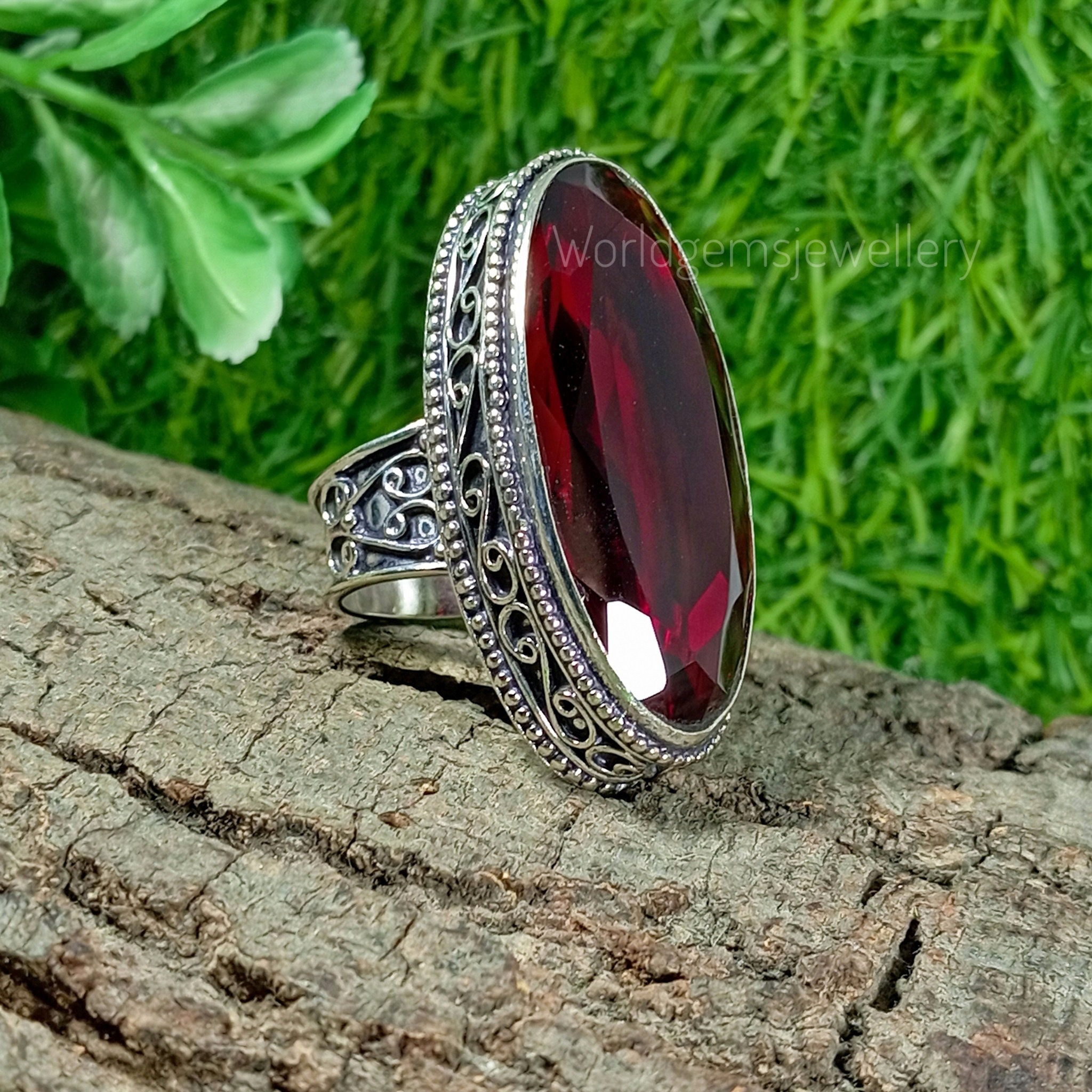 Anello Vintage Regolabile Con Pietra Rossa Granato In Rame - Gioiello Antico Per Donne, Fidanzamento O San Valentino - 4