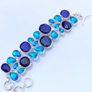 Blue Sapphire And Swiss Topaz Silver Bracelet Anniversary Gift 925 Sterling Silver Simulated Sapphire Bracelet Silver Jewelry Bracelet