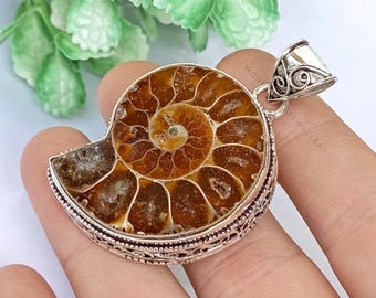 May include: A silver pendant featuring a polished ammonite fossil. The fossil displays a spiral pattern in shades of brown and amber, set within a decorative silver frame. The pendant has a bail for a chain.