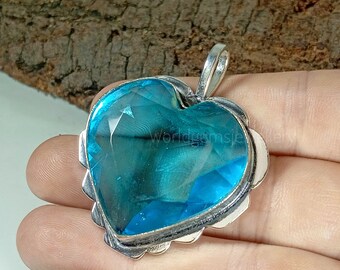 925 Sterling Silver Pendant Swiss Blue Topaz Heart Cut Shape Gemstone Beautiful Pendant Gift For Her.