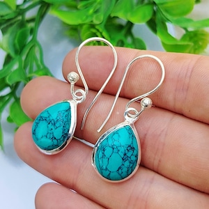 925 Sterling Silver Earrings Turquoise Gemstone Silver Earrings Anniversary Gift Silver Turquoise Jewelry Earrings Gift For Her.