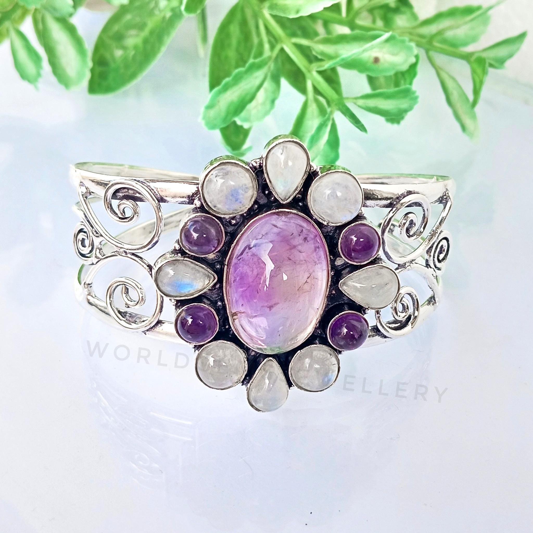 Bracelet Ancien Type Manchette En Argenté Avec Améthystes - Occasion, Pierres Violettes