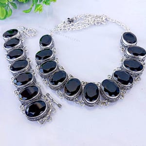 Black Onyx Silver Necklace And Bracelet Set 925 Sterling Silver Necklace Engagement Gift Anniversary Gift Silver Necklace Set