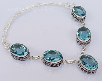 Schweizer Blautopas Silberkette 925 Sterling Silber Blautopas Halskette Verlobung Geschenk Jahrestag Geschenk Silberkette