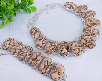 Natural Pink Opal Silver Necklace And Bracelet 925 Sterling Silver Top Quality Pink Opal Necklace And Bracelet Set Beautiful Jewelry