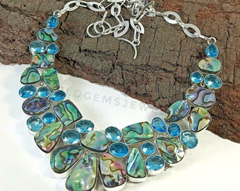 Abalone Muschel & Blautopas Silberkette 925 Sterling Silber Abalone Muschel Halskette Verlobung Geschenk Jahrestag Geschenk