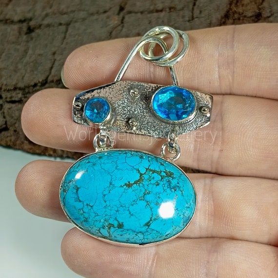Pendentif Boîte En Argent 925 Avec Cristal Turquoise Facetté - Collier Avec Cordon Noir - Neuf étiqueté