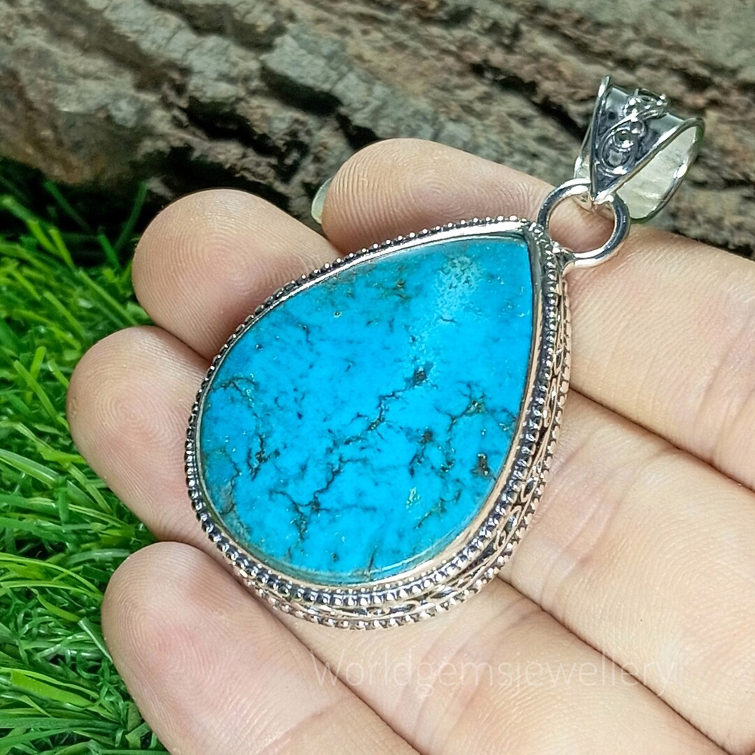 925 Sterling Silver Pendant Turquoise Gemstone Pear Shape Pendant Women ...