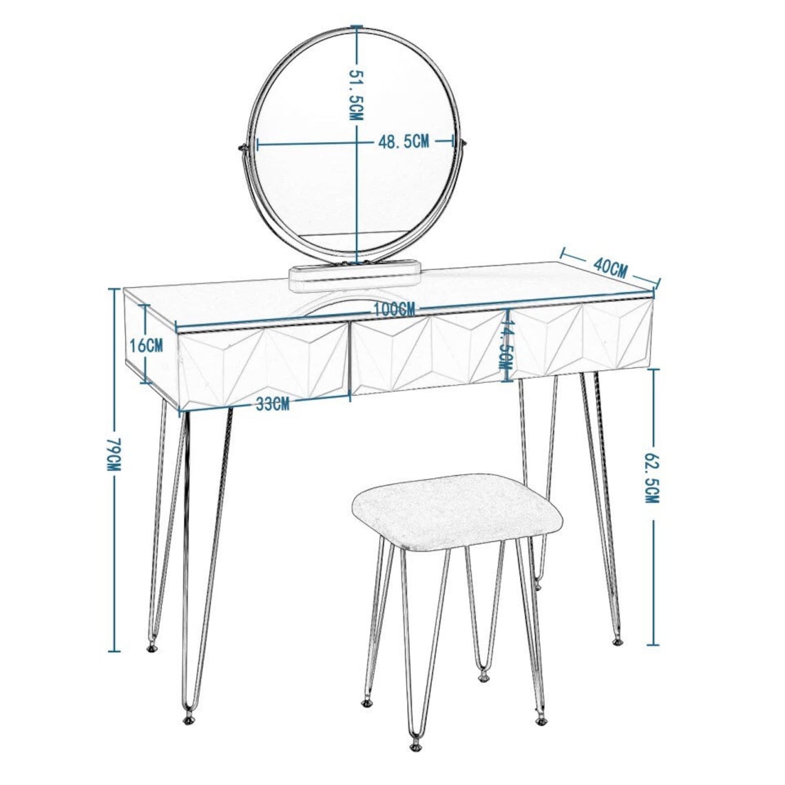 White Gold Dressing Table With Swivel Mirror and Chair Rose Etsy UK