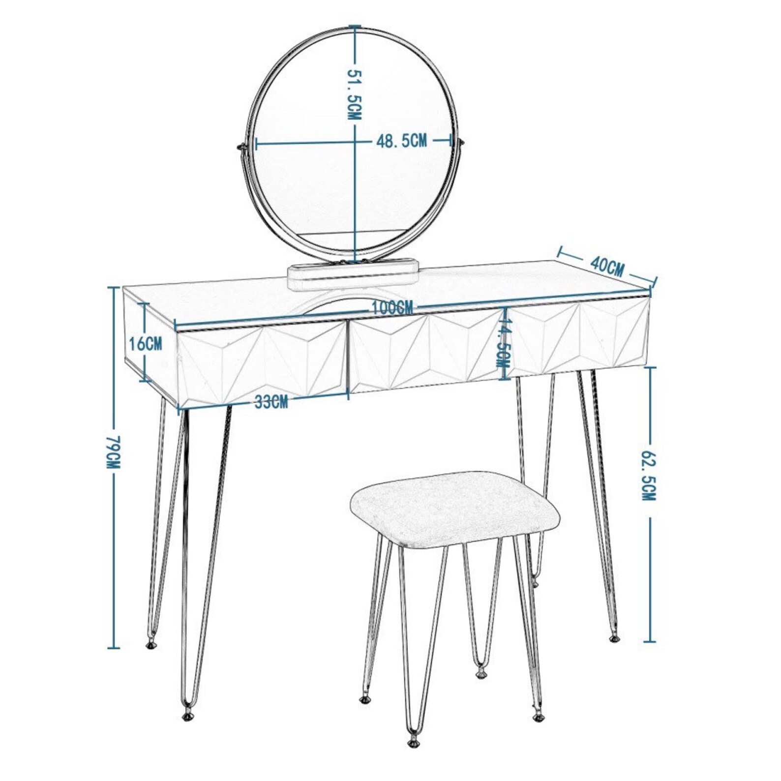 White Gold Dressing Table With Swivel Mirror and Chair Rose Etsy UK