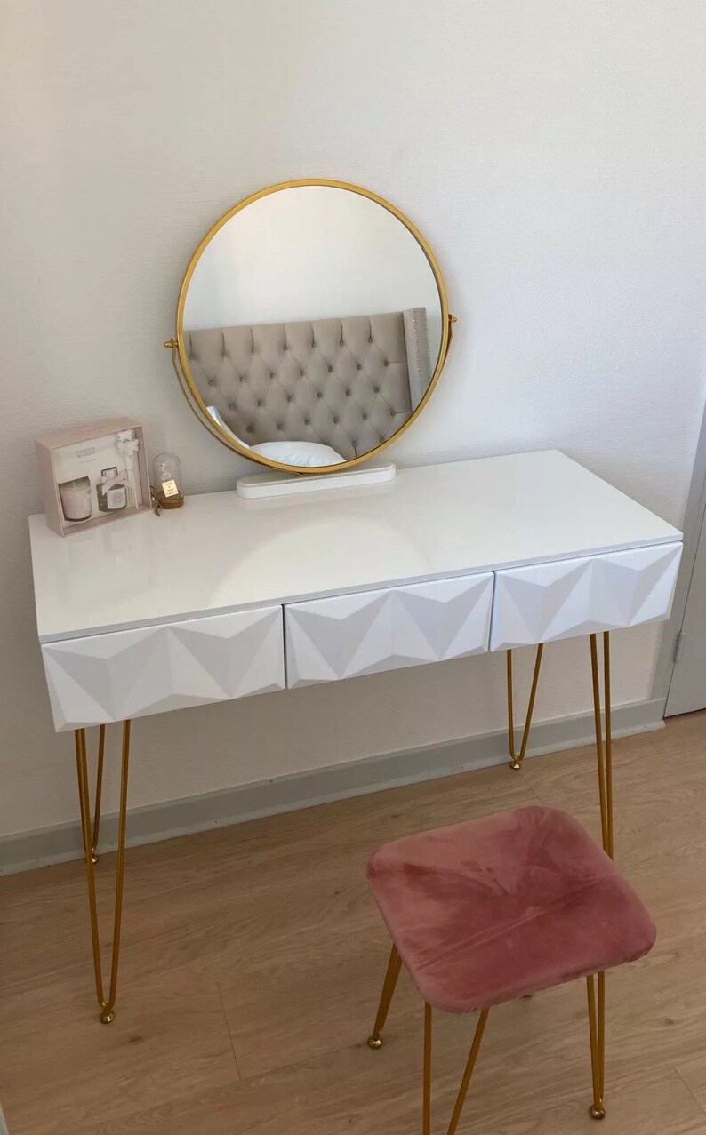 White Gold Dressing Table With Swivel Mirror and Chair Rose Etsy UK