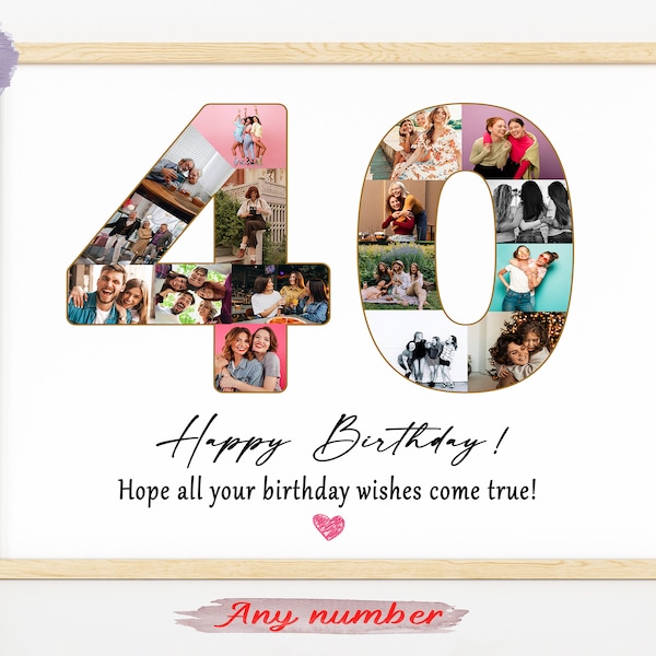 Regalo personalizado de 40 cumpleaños, collage de fotos personalizado, 40 aniversario, regalo de lienzo 40 personalizado, marco de fotos 40, número de cumpleaños 40 personalizado