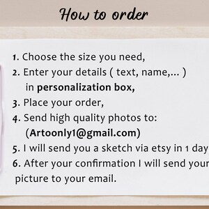 May include: A white sheet of paper with black text on a wooden clipboard. The text reads "How to order" and lists six steps for ordering a custom portrait. The steps include choosing a size, entering details in a personalisation box, placing an order, sending high quality photos to Artoonly1@gmail.com, receiving a sketch via Etsy within one day, and receiving the final portrait via email after confirmation.