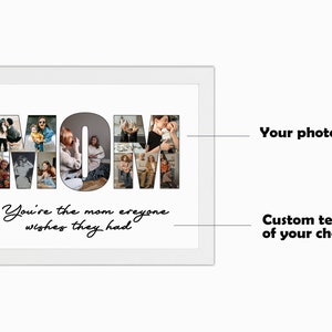May include: A white framed print with the word "MOM" spelled out in large letters. Each letter is made up of a collage of photos. The text "You're the mom everyone wishes they had" is written in cursive below the letters.