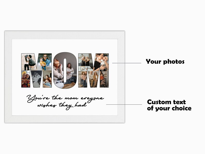 May include: A white framed print with the word "MOM" spelled out in large letters. Each letter is made up of a collage of photos. The text "You're the mom everyone wishes they had" is written in cursive below the letters.