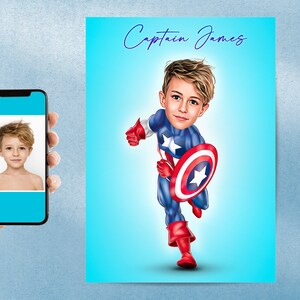 Ritratto di supereroe dalla tua foto, Caricatura di supereroi, Tela, Ritratto di supereroe personalizzato, Regali per bambini pronti per la stampa, regalo per nipote