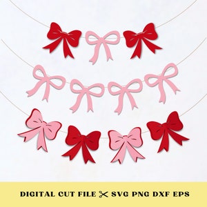 May include: A digital cut file for a bow garland featuring pink and red bows. The bows are strung on a line and can be used for Valentine's Day or other celebrations.