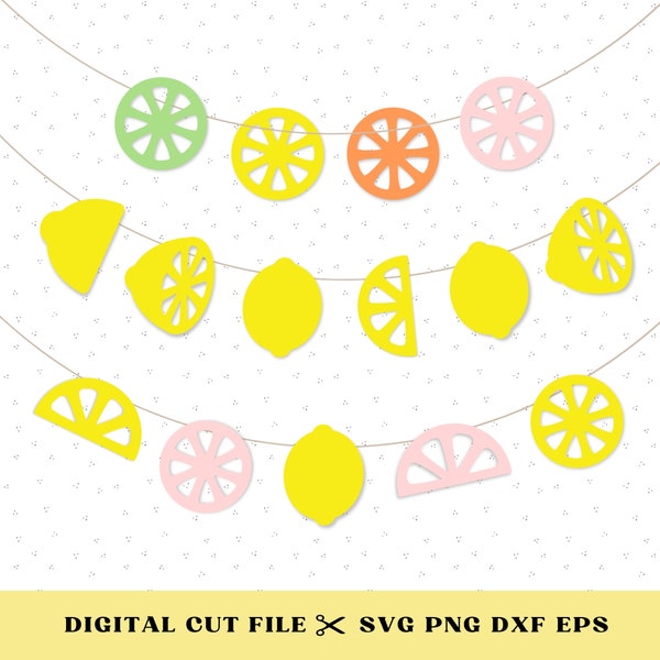 Lemon Garland Banner Party SVG Bundle, Lemonade Theme Bunting Set, Citrus Wedge Slice Summer Party Decor Supplies, Fruit Theme Cut File