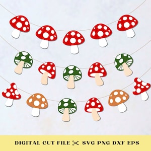 May include: A garland of red, green, and orange mushrooms with white spots. The mushrooms are strung together with twine and are perfect for a fall or woodland themed party.