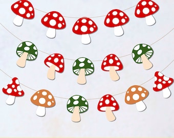 Banner de guirlanda de cogumelo SVG, festa de aniversário com tema de floresta de fadas, decoração de festa de estamenha de cogumelo venenoso vermelho, arquivo de corte de tema de floresta encantada rústica