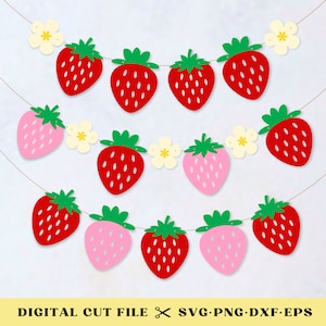 Erdbeergirlande SVG, Beere süße Themed Geburtstagsfeier, rot rosa Bunting Partydekoration, Erdbeer-Shortcake-Thema Schnittdatei