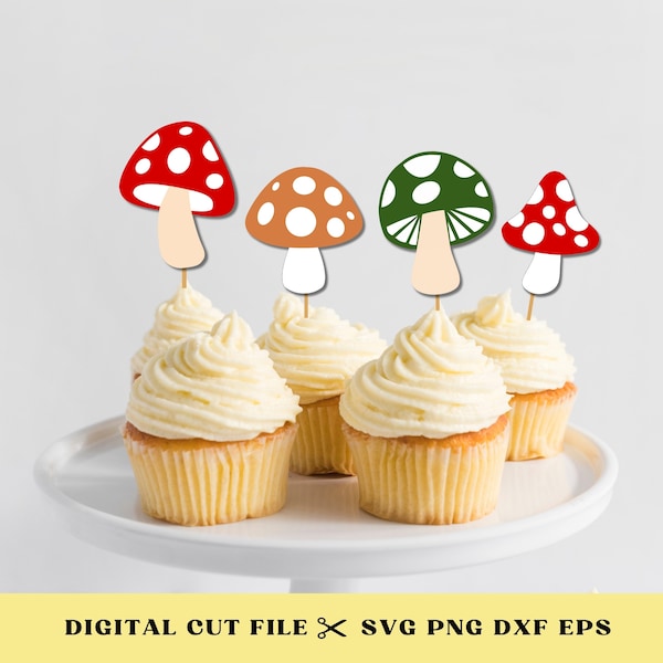Mushroom Cupcake Topper Set SVG, Red Toadstool Cupcake Pick Decor, Fairy Gnome Woodland Theme Cake Toppers, Enchanted Forest Bundle Cut File