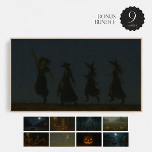 May include: A framed print depicting silhouetted figures in witch costumes, either dancing or walking, against a dark backdrop. The print includes a bonus bundle of 9 Halloween-themed images. The overall colour scheme is dark, with the figures as the focal point.