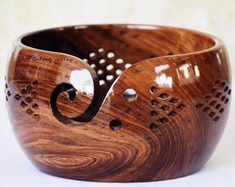 Handcrafted Rosewood Yarn Bowl: Knitting Crochet Storage