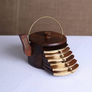 Rosewood Coaster Set: Teapot Shaped with Brass Inlay (6 Piece)