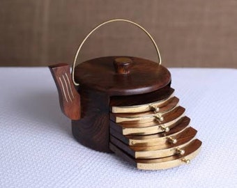 Wooden Coaster Set of 6 | Tea Pot Shaped Hand Carved & Brass Inlayed Decorative Coasters | Mother's Day Gift