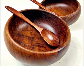 Sheesham Wood Bowl Set: Handmade Rustic Kitchen Bowls with Spoons