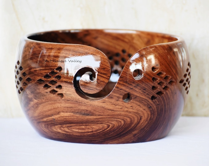 Wooden Yarn Storage Bowl with Carved Holes & Drills | Knitting Crochet Accessories | Mother's Day Gift