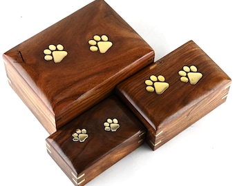 Handcrafted Wooden Pet Urn with Brass Paw Print Keepsake