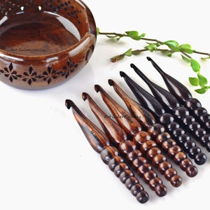 Ergonomic Crochet Hooks - A Set of 7 Crochet Hooks Handcrafted Hooks For Arthritic Hands Wooden Yarn Bowl Perfect Gift for Crochet Lovers
