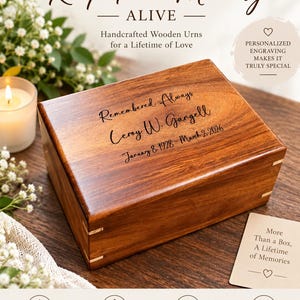 Puede incluir: Una urna rectangular de madera con acabado pulido, que presenta el texto grabado "Remembered Always, Leroy W. Gangell, January 8, 1928 - March 2, 2026." La caja tiene uniones de madera de color claro visibles en las esquinas y una tapa.
