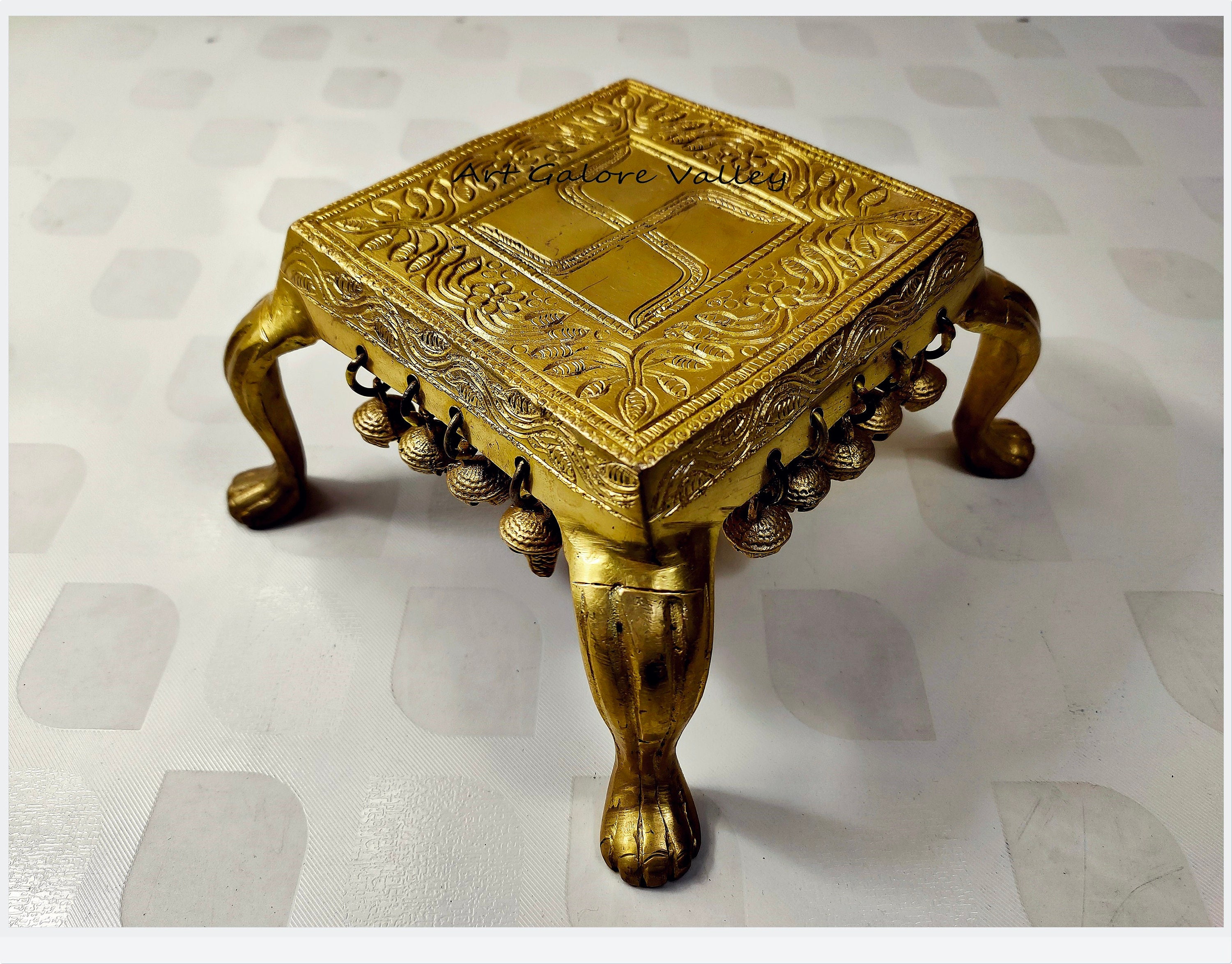 Art Galore Valley Brass Square Chowki Stool With Brass Ghungroos