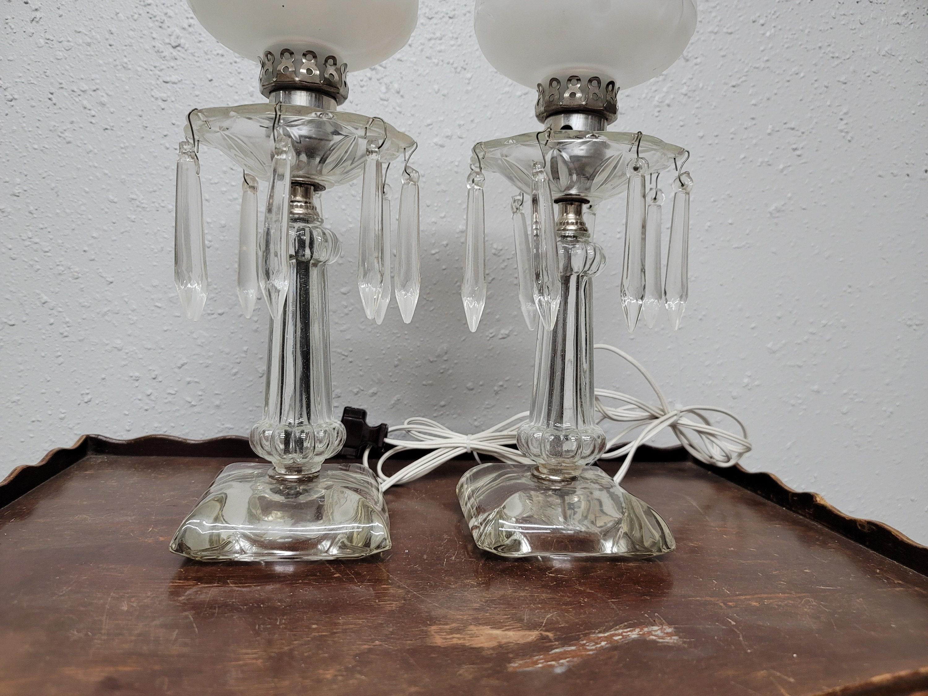 Matching Antique Leviton Glass & Crystal Boudoir Lamps Etsy