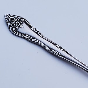 May include: A silver serving spoon with a decorative floral design on the handle. The spoon has a rounded bowl.