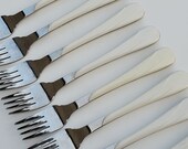 Fiesta Homer Laughlin White Plastic Handle Stainless Flatware - Set Of 8 Salad Forks - Rounded Handle Design - 6.5 quot - Very Nice